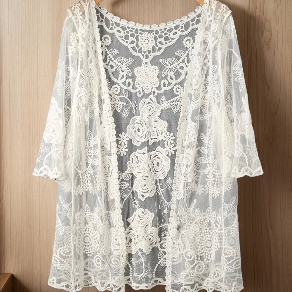 Unbranded Lace White Open Short Sleeve Cardigan Stretch Sz M/L NEW Boho‎